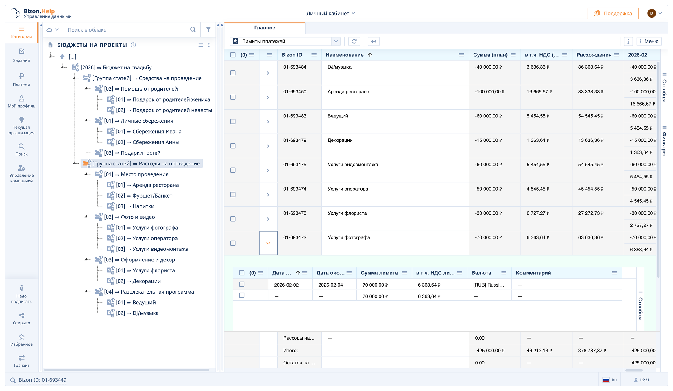 Категория «Бюджеты на проекты» в сервисе Bizon.Help